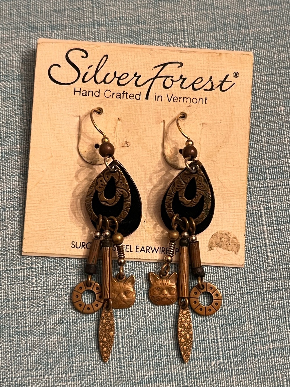 New Silver Forest black metal and brass dangle earrings with cats